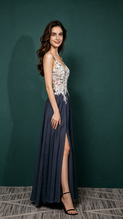 Classy A-line Dusty Blue Bridesmaid Gowns Straps Chiffon Maxi Dress LFNL0658