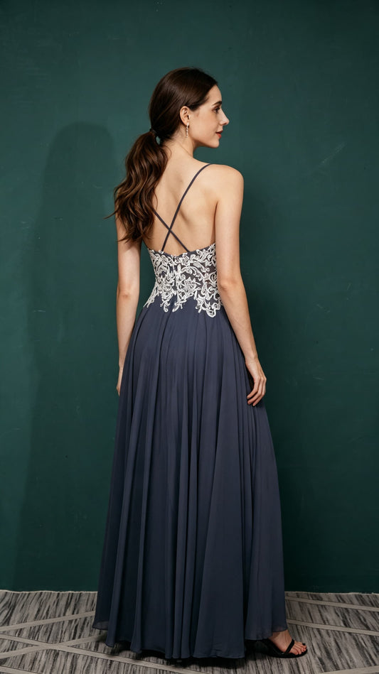 Classy A-line Dusty Blue Bridesmaid Gowns Straps Chiffon Maxi Dress LFNL0658