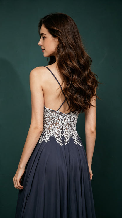 Classy A-line Dusty Blue Bridesmaid Gowns Straps Chiffon Maxi Dress LFNL0658