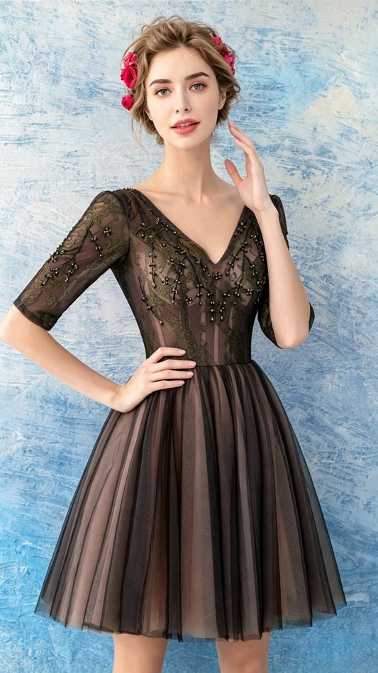 Eye-catching A-line Black Evening Dress V Neck Tulle Short Formal Dress LFNL0455