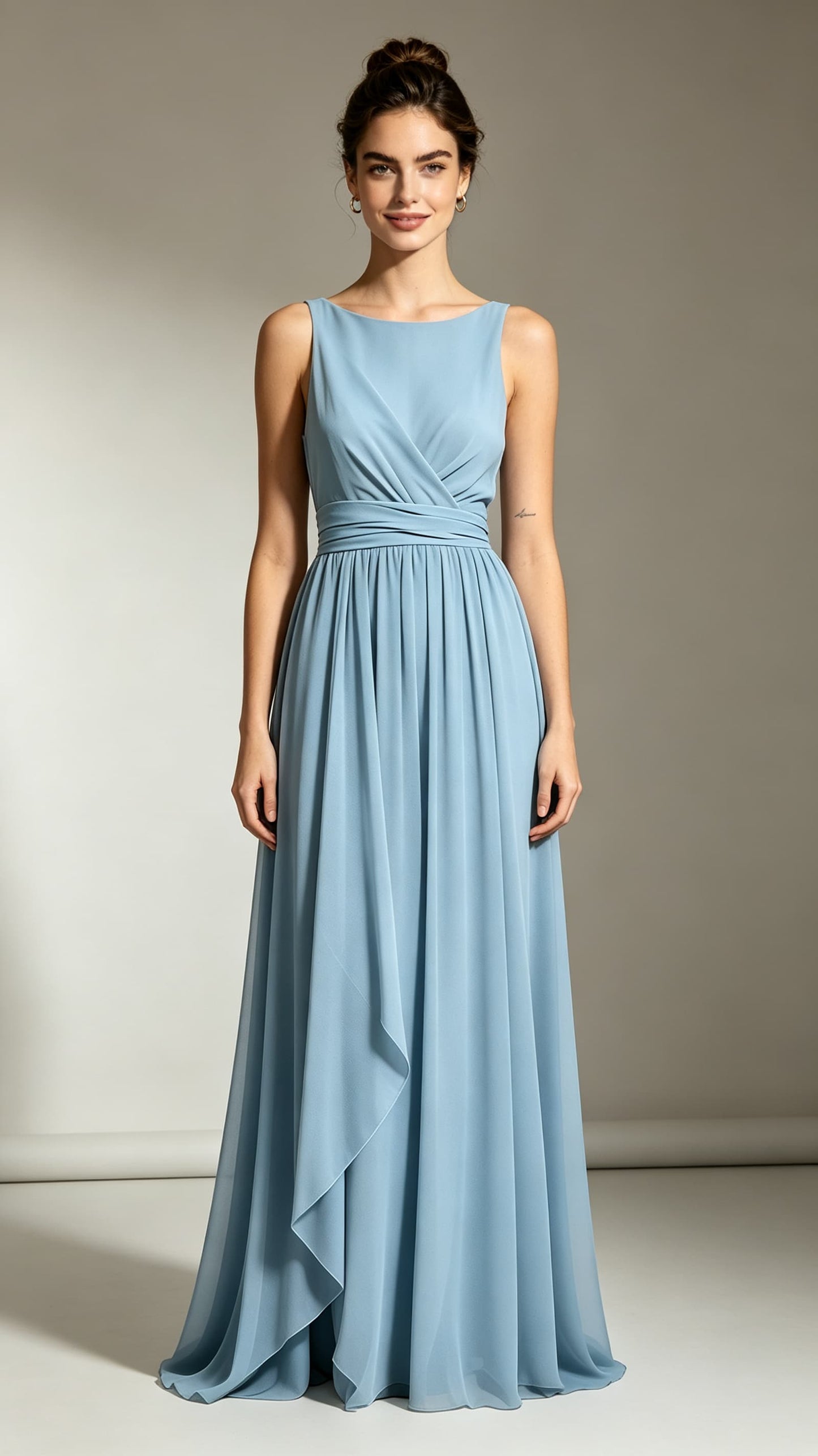 Eye-catching A-line Dusty Blue Evening Gowns Round neck Chiffon Maxi Dress LFNL0759