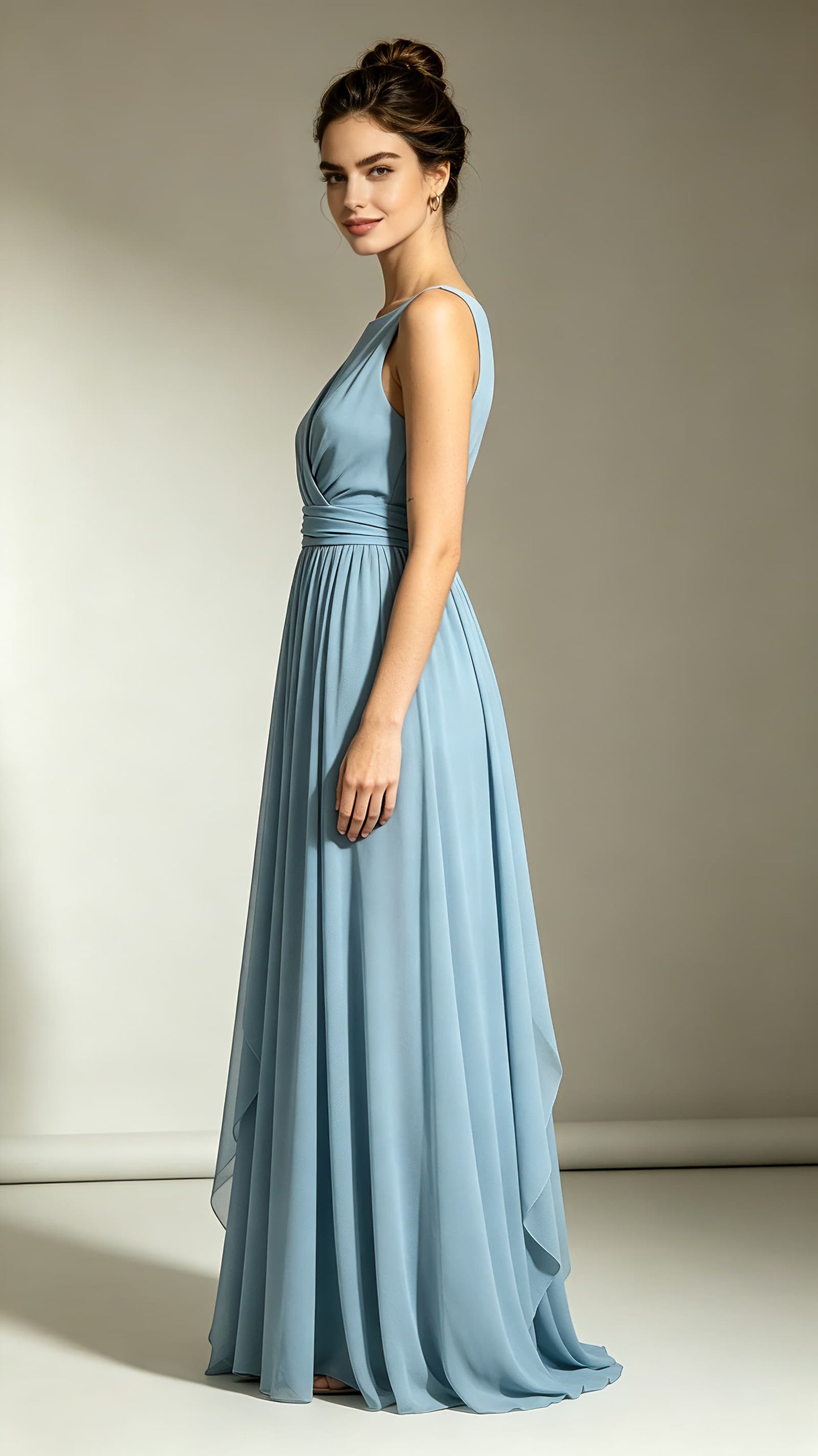 Eye-catching A-line Dusty Blue Evening Gowns Round neck Chiffon Maxi Dress LFNL0759
