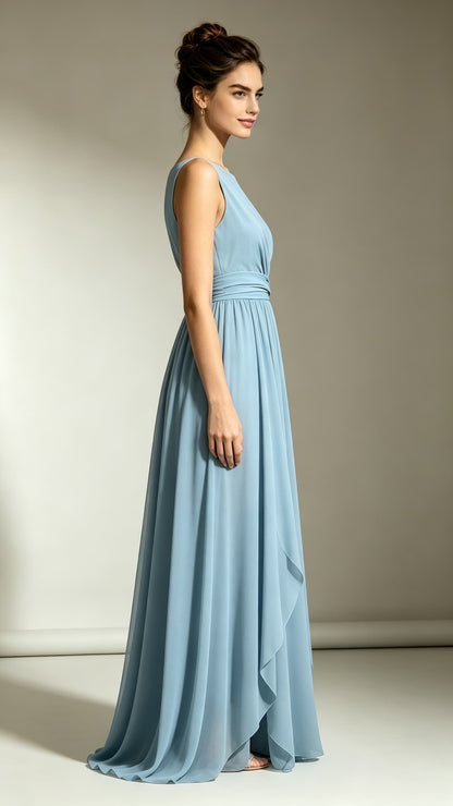 Eye-catching A-line Dusty Blue Evening Gowns Round neck Chiffon Maxi Dress LFNL0759