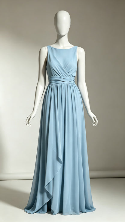 Eye-catching A-line Dusty Blue Evening Gowns Round neck Chiffon Maxi Dress LFNL0759