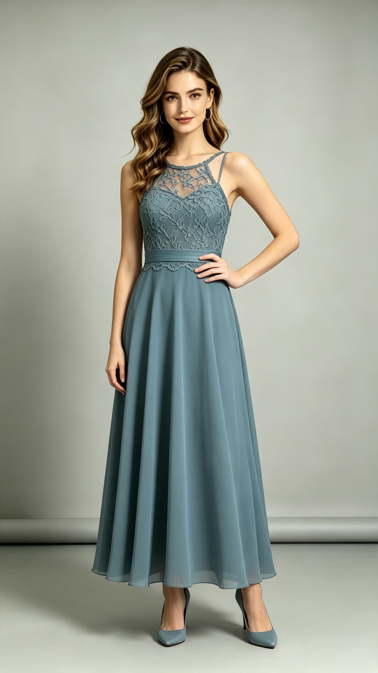 2026 A-line Dusty Blue Bridesmaid Gowns Halter Lace Chiffon Maxi Dress LFNL0700