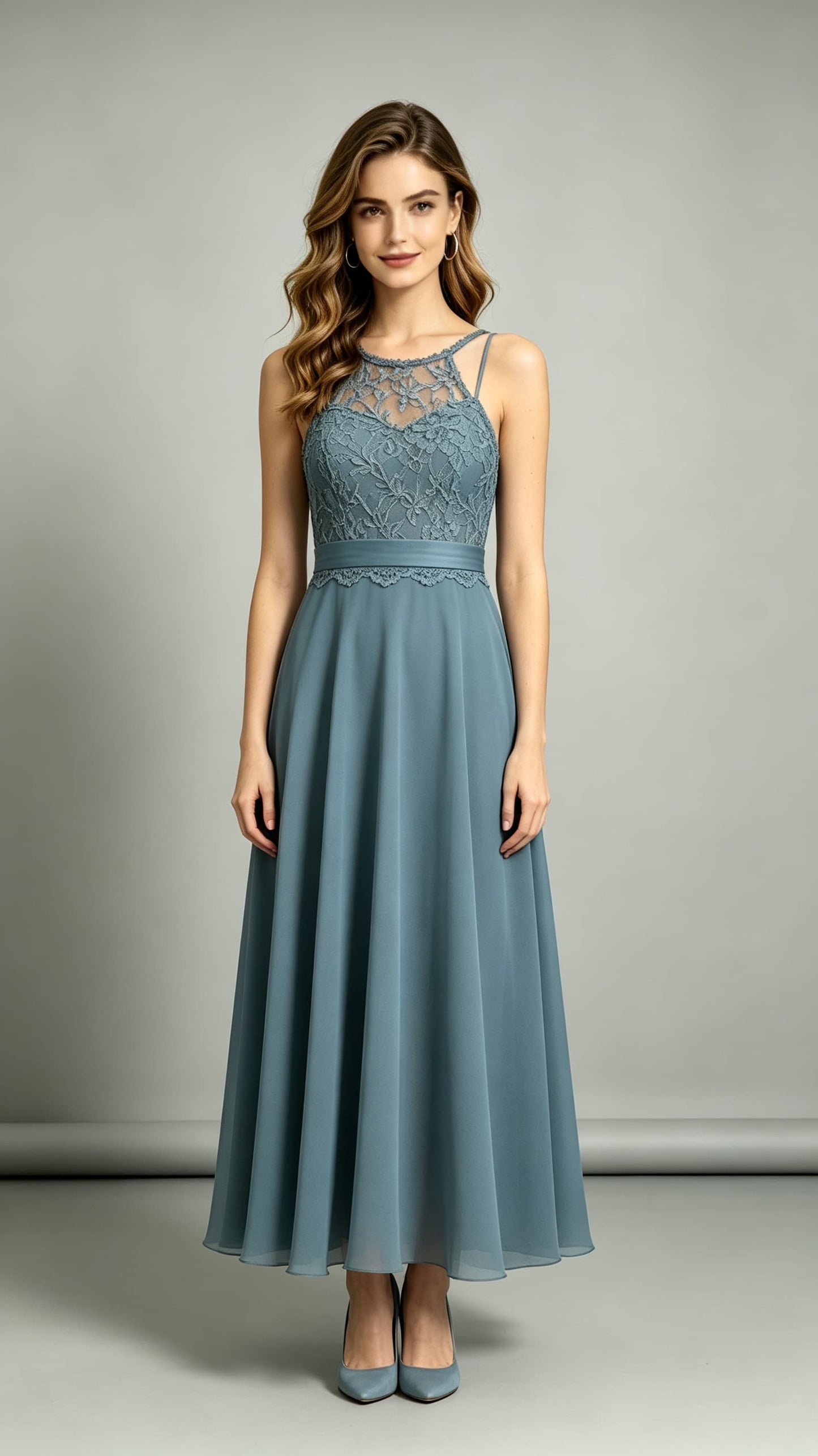 2026 A-line Dusty Blue Bridesmaid Gowns Halter Lace Chiffon Maxi Dress LFNL0700
