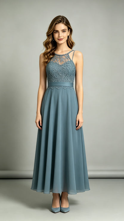 2026 A-line Dusty Blue Bridesmaid Gowns Halter Lace Chiffon Maxi Dress LFNL0700