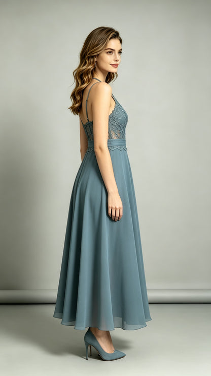2026 A-line Dusty Blue Bridesmaid Gowns Halter Lace Chiffon Maxi Dress LFNL0700