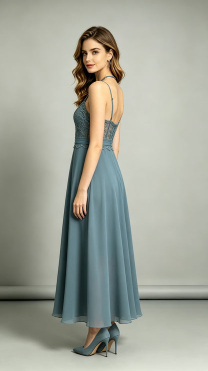 2026 A-line Dusty Blue Bridesmaid Gowns Halter Lace Chiffon Maxi Dress LFNL0700