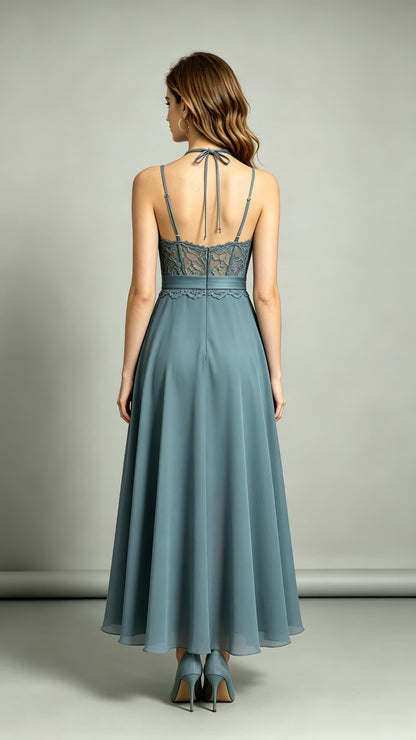 2026 A-line Dusty Blue Bridesmaid Gowns Halter Lace Chiffon Maxi Dress LFNL0700