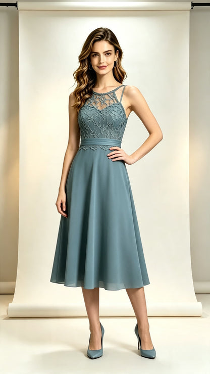 Simple A-line Dusty Blue Bridesmaid Gowns Halter Lace Chiffon Midi Length Formal Dress LFNL0702
