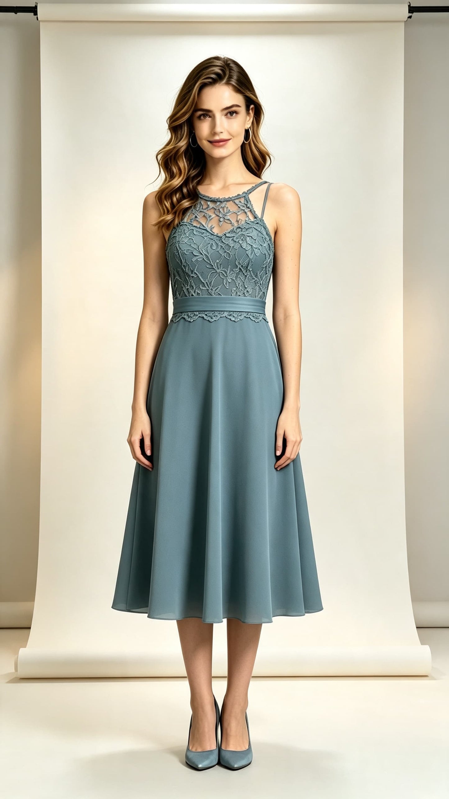 Simple A-line Dusty Blue Bridesmaid Gowns Halter Lace Chiffon Midi Length Formal Dress LFNL0702