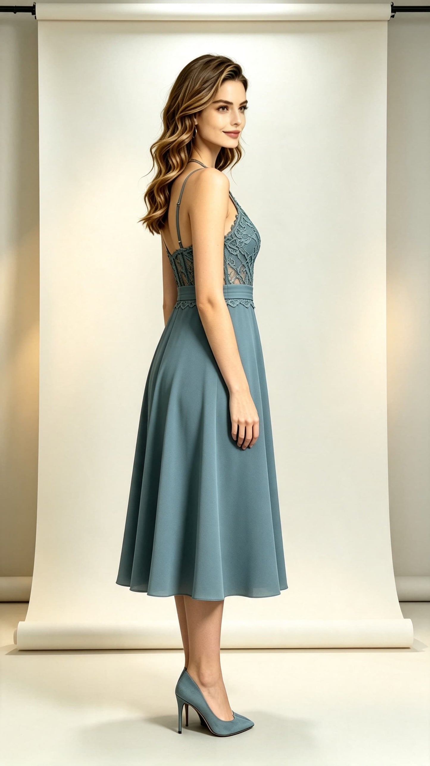 Simple A-line Dusty Blue Bridesmaid Gowns Halter Lace Chiffon Midi Length Formal Dress LFNL0702