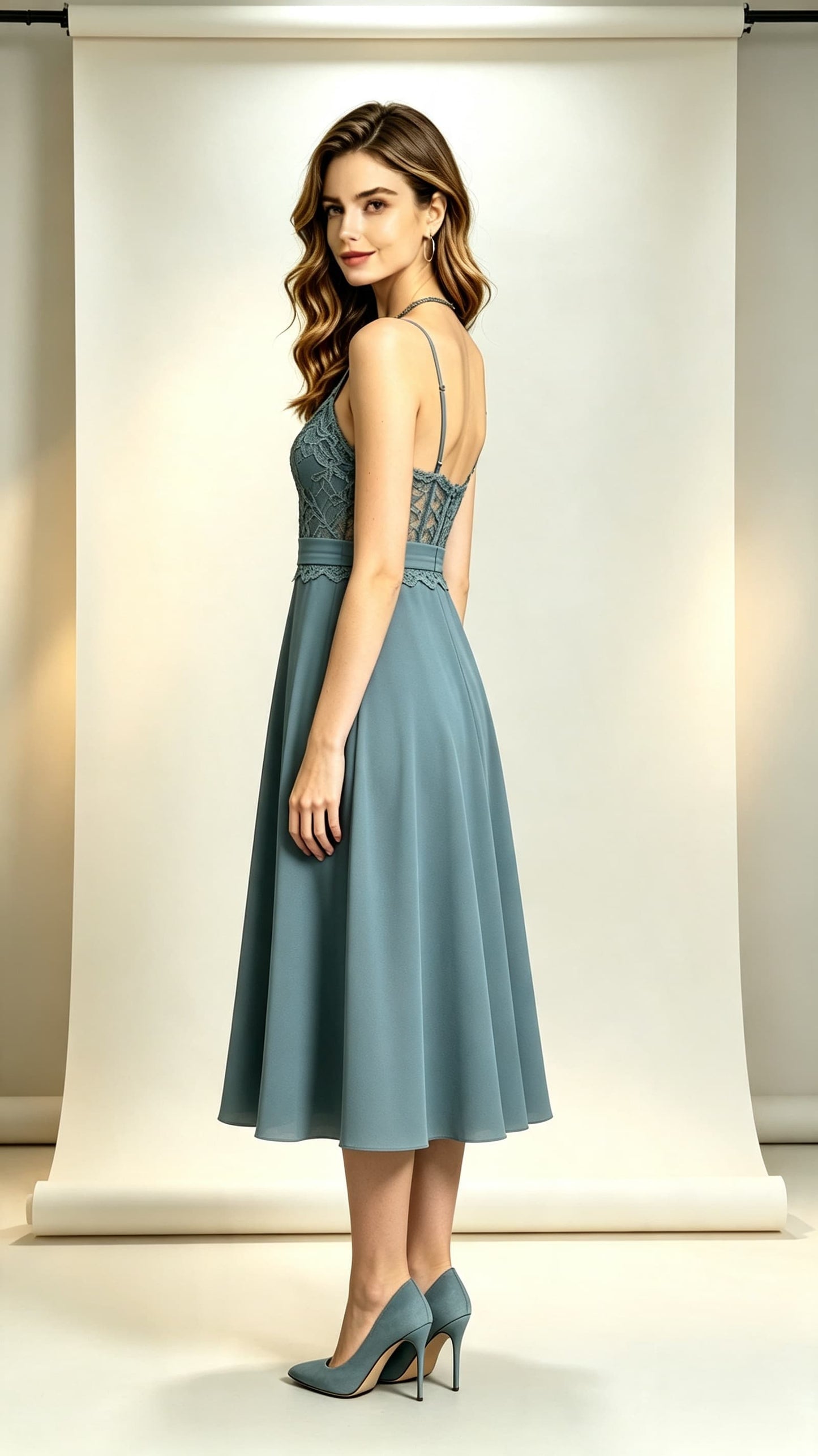 Simple A-line Dusty Blue Bridesmaid Gowns Halter Lace Chiffon Midi Length Formal Dress LFNL0702