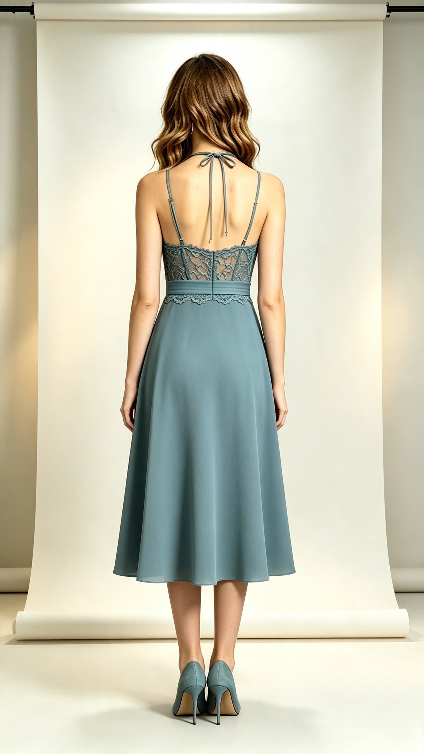 Simple A-line Dusty Blue Bridesmaid Gowns Halter Lace Chiffon Midi Length Formal Dress LFNL0702