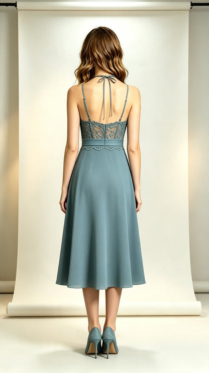 Simple A-line Dusty Blue Bridesmaid Gowns Halter Lace Chiffon Midi Length Formal Dress LFNL0702