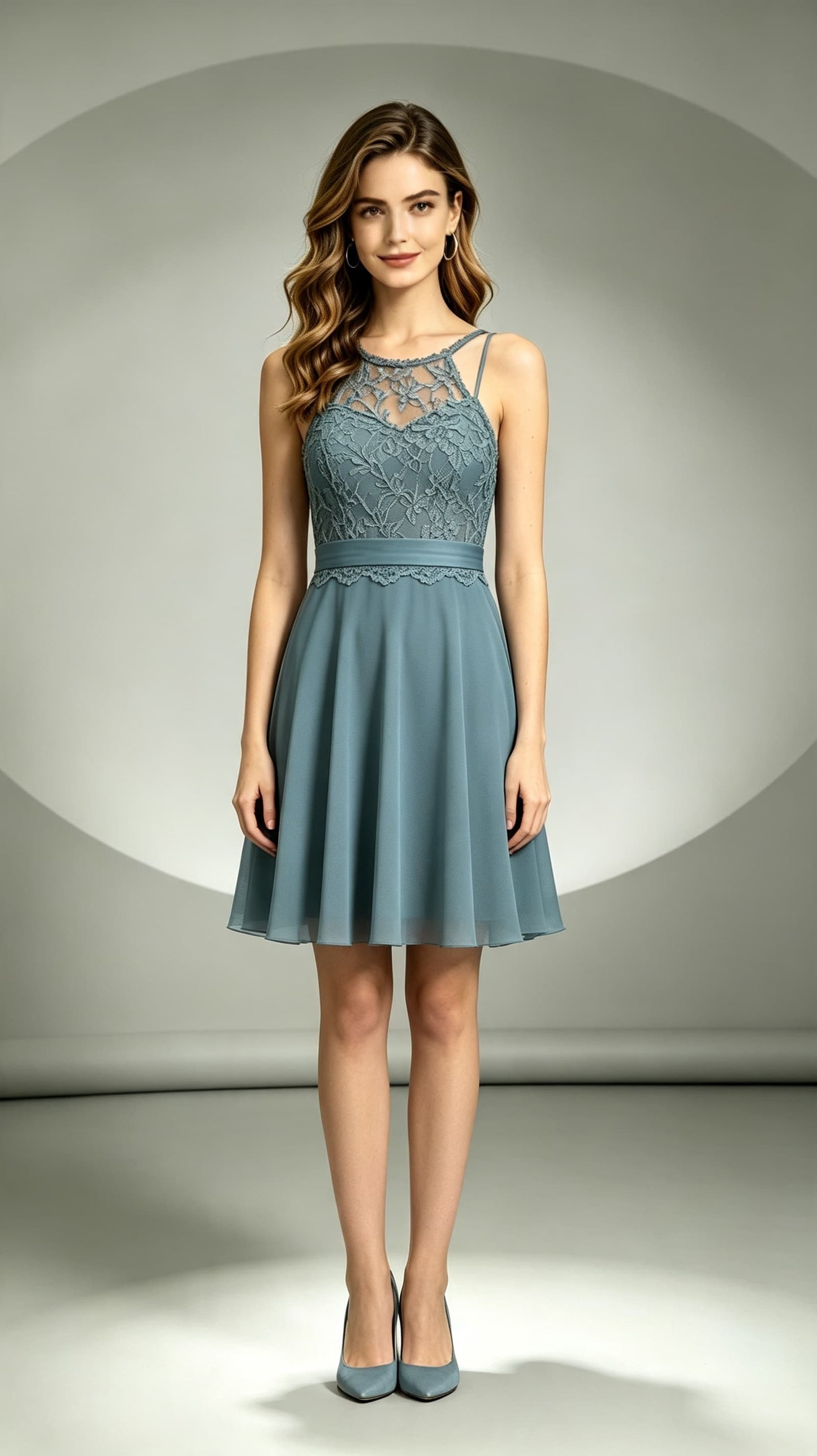 Sleek A-line Dusty Blue Bridesmaid Gowns Halter Lace Chiffon Short Formal Dress LFNL0703