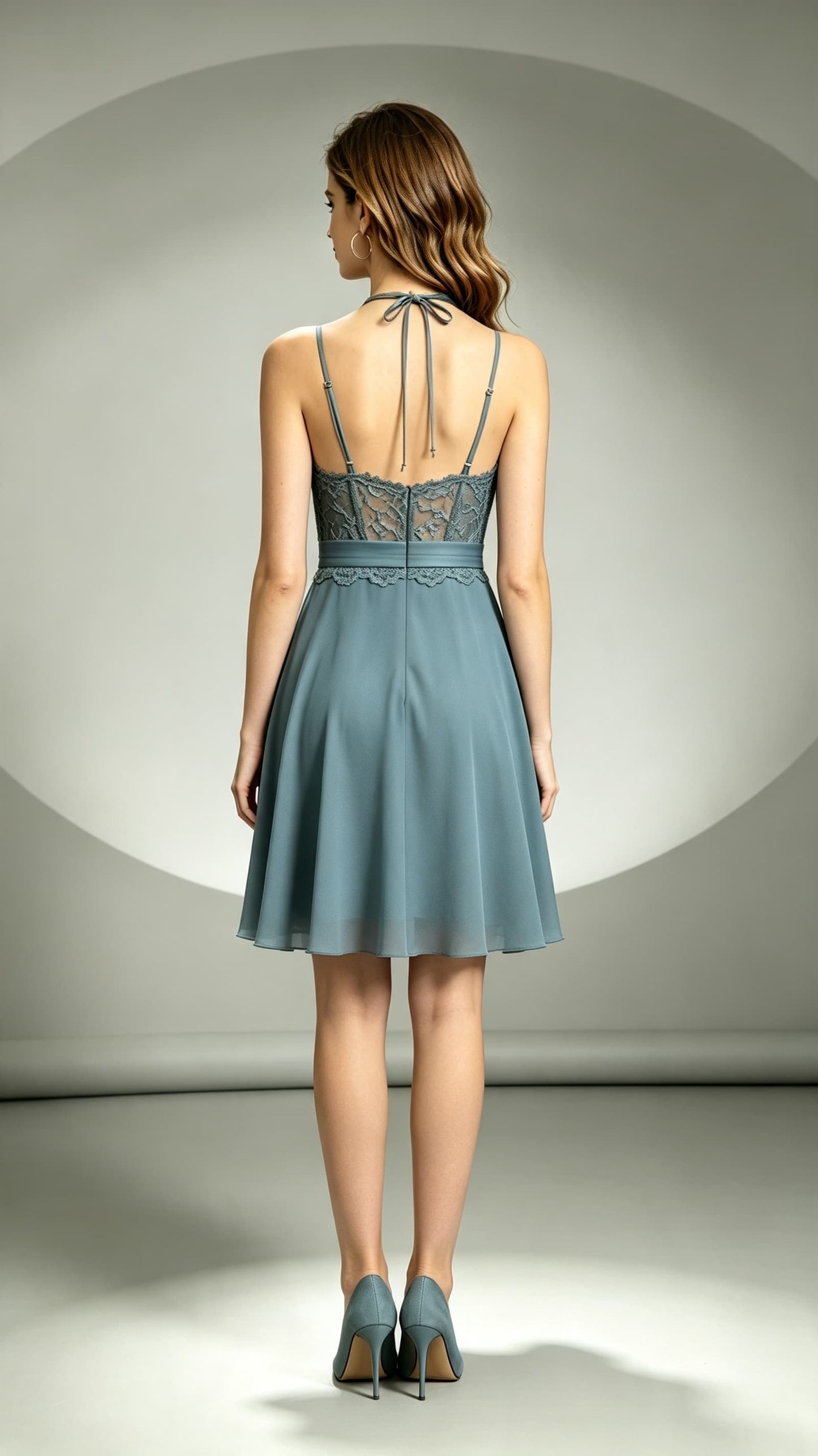Sleek A-line Dusty Blue Bridesmaid Gowns Halter Lace Chiffon Short Formal Dress LFNL0703