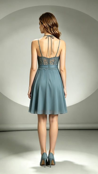 Sleek A-line Dusty Blue Bridesmaid Gowns Halter Lace Chiffon Short Formal Dress LFNL0703