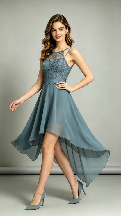 Soft A-line Dusty Blue Bridesmaid Gowns Halter Lace Chiffon High Low Formal Dress LFNL0701