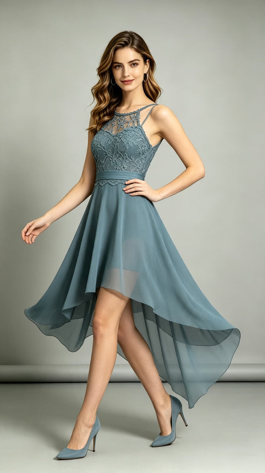 Soft A-line Dusty Blue Bridesmaid Gowns Halter Lace Chiffon High Low Formal Dress LFNL0701