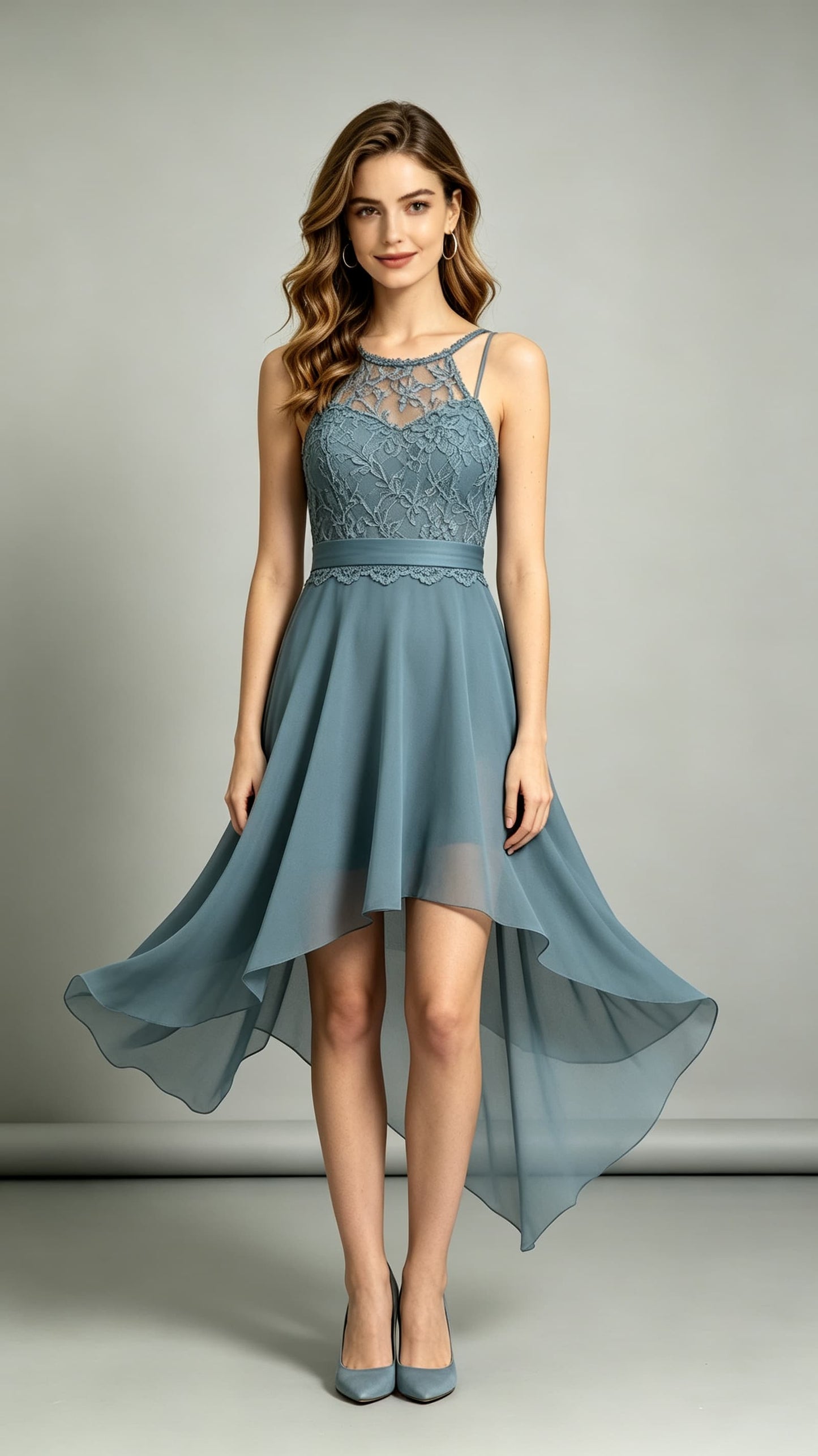 Soft A-line Dusty Blue Bridesmaid Gowns Halter Lace Chiffon High Low Formal Dress LFNL0701