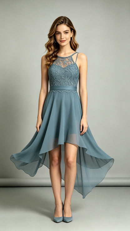 Soft A-line Dusty Blue Bridesmaid Gowns Halter Lace Chiffon High Low Formal Dress LFNL0701