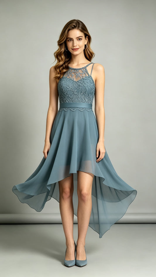 Soft A-line Dusty Blue Bridesmaid Gowns Halter Lace Chiffon High Low Formal Dress LFNL0701