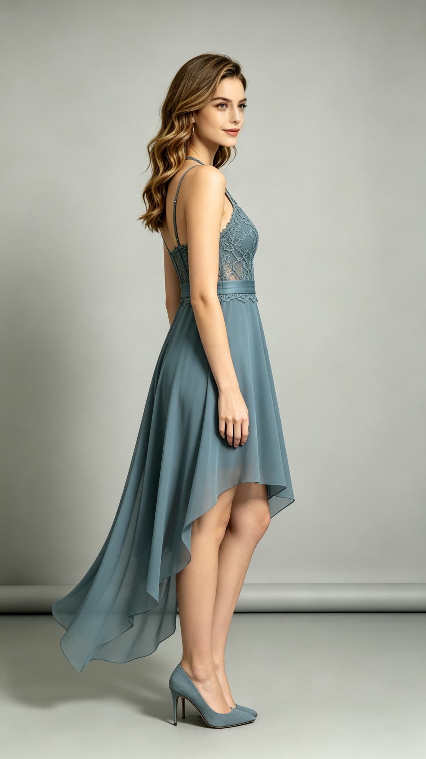 Soft A-line Dusty Blue Bridesmaid Gowns Halter Lace Chiffon High Low Formal Dress LFNL0701