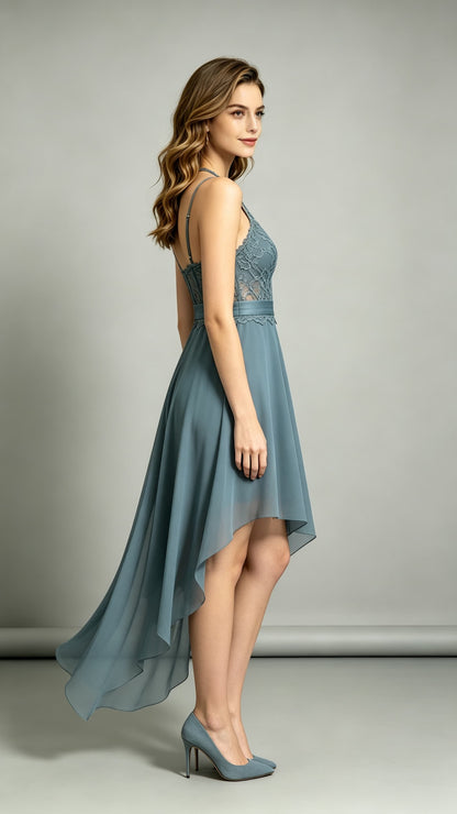 Soft A-line Dusty Blue Bridesmaid Gowns Halter Lace Chiffon High Low Formal Dress LFNL0701