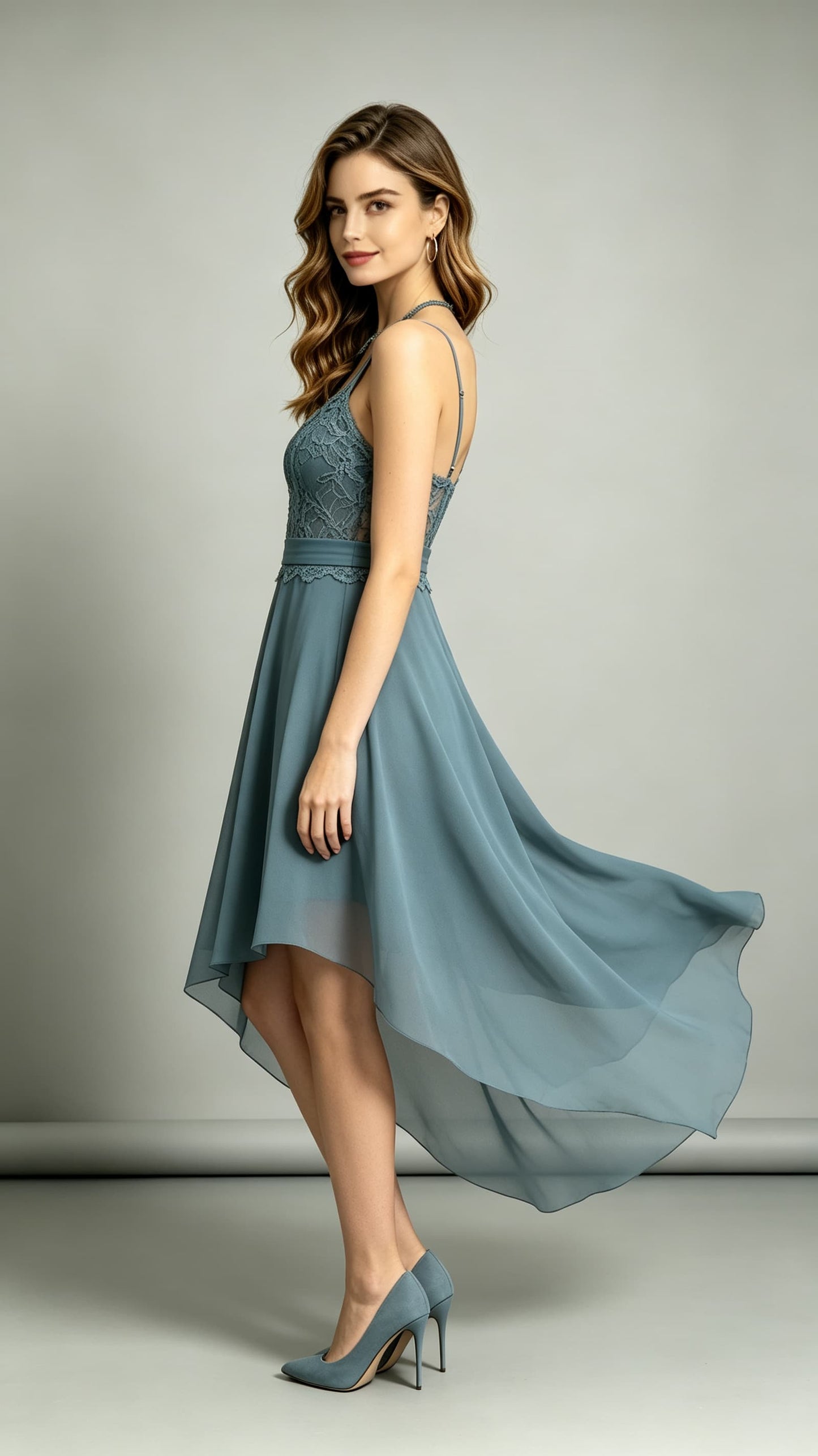 Soft A-line Dusty Blue Bridesmaid Gowns Halter Lace Chiffon High Low Formal Dress LFNL0701