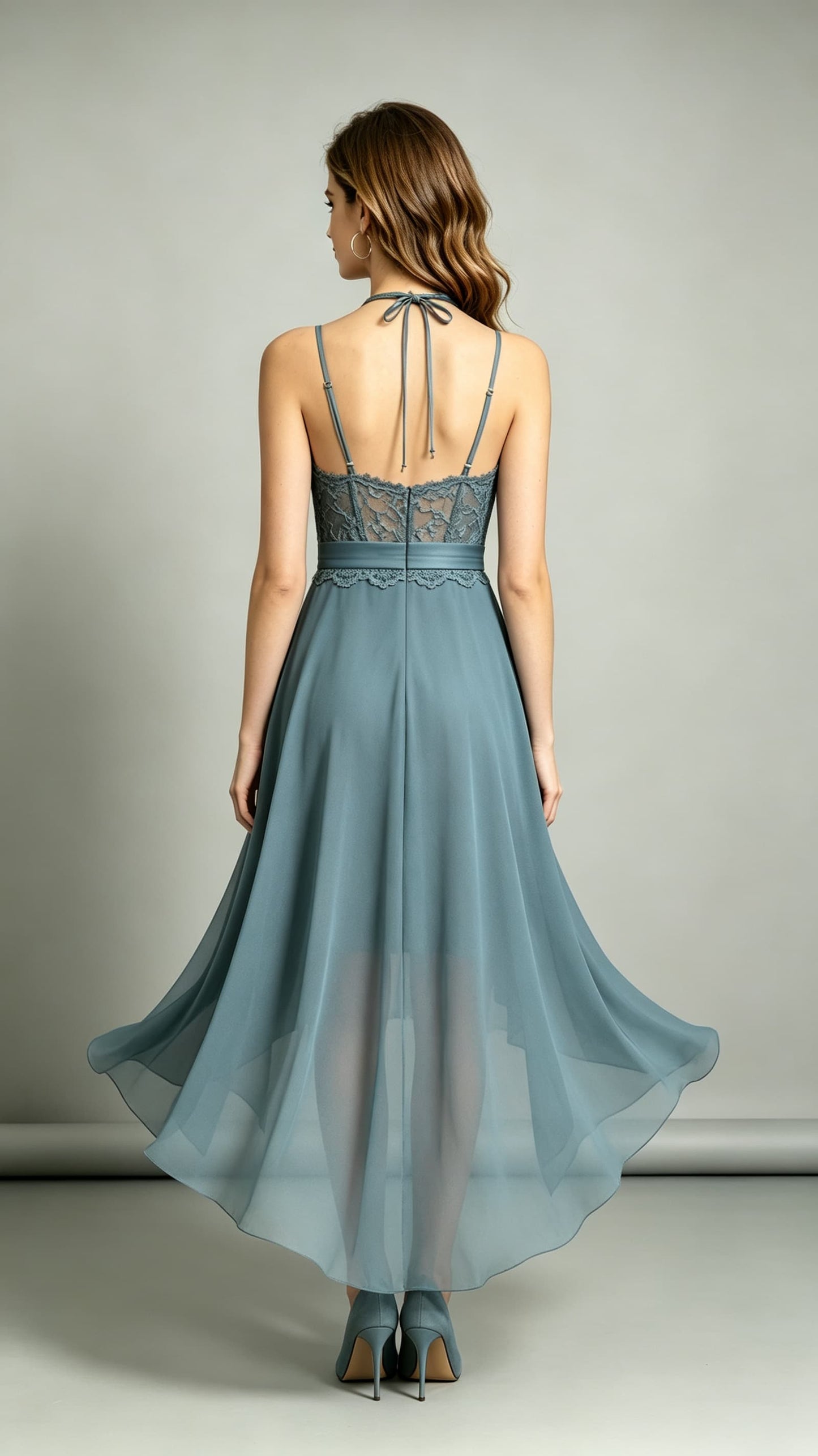 Soft A-line Dusty Blue Bridesmaid Gowns Halter Lace Chiffon High Low Formal Dress LFNL0701