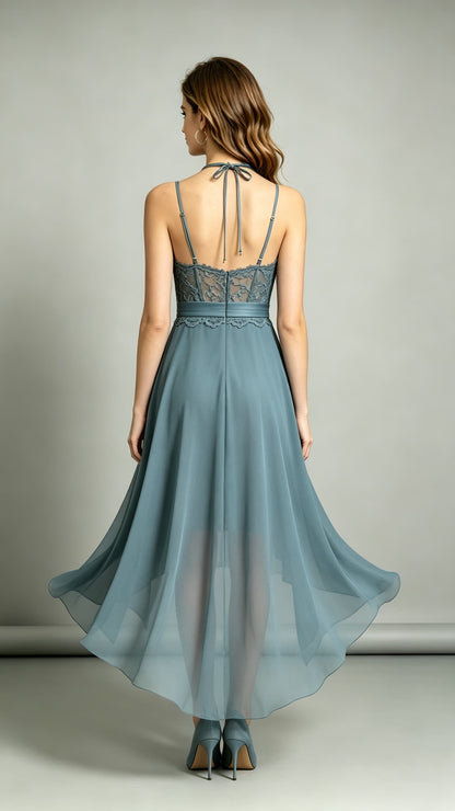 Soft A-line Dusty Blue Bridesmaid Gowns Halter Lace Chiffon High Low Formal Dress LFNL0701