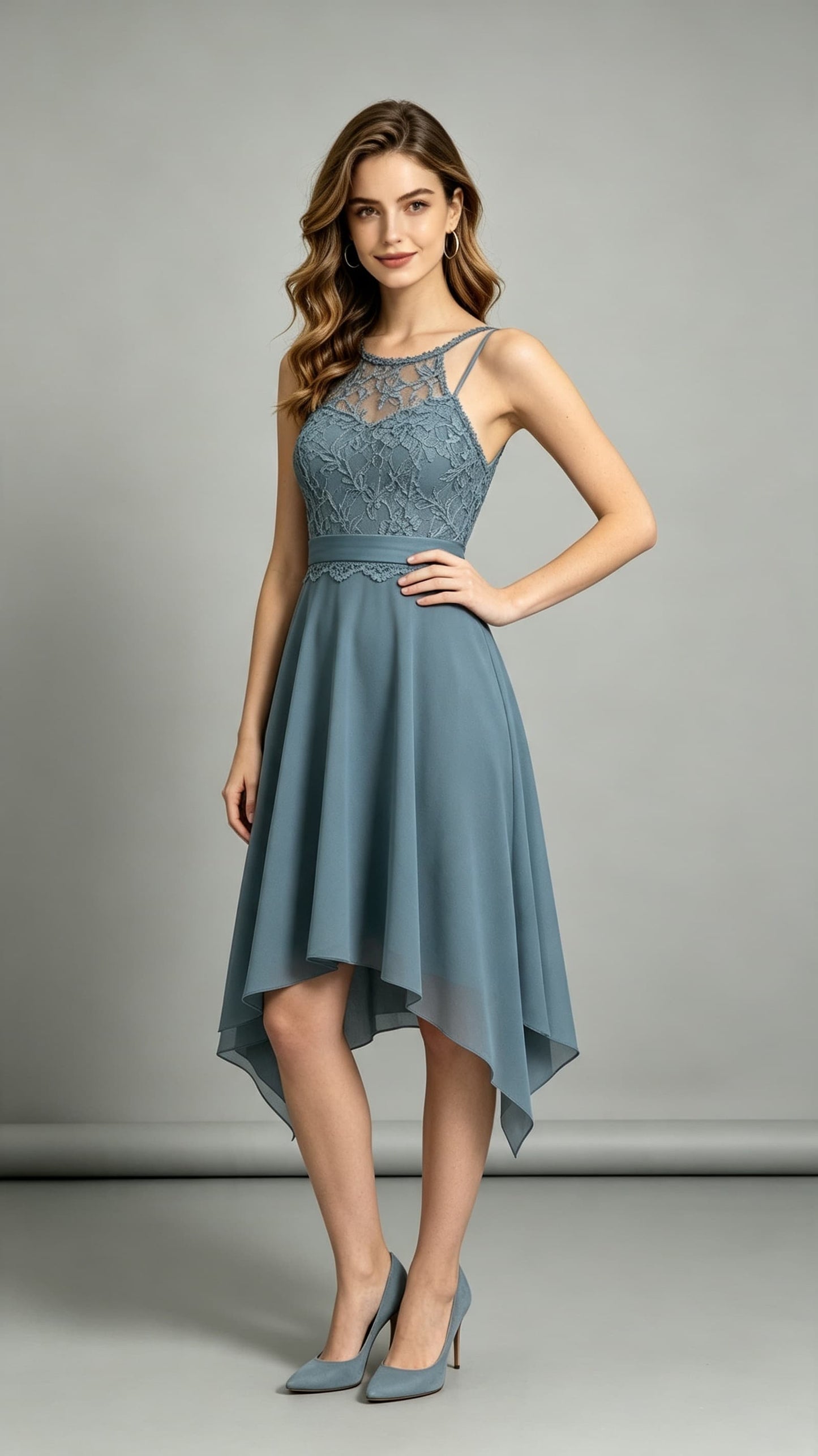 Feminine A-line Dusty Blue Bridesmaid Gowns Halter Lace Chiffon Maxi Dress LFNL0699
