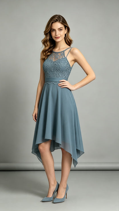 Feminine A-line Dusty Blue Bridesmaid Gowns Halter Lace Chiffon Maxi Dress LFNL0699