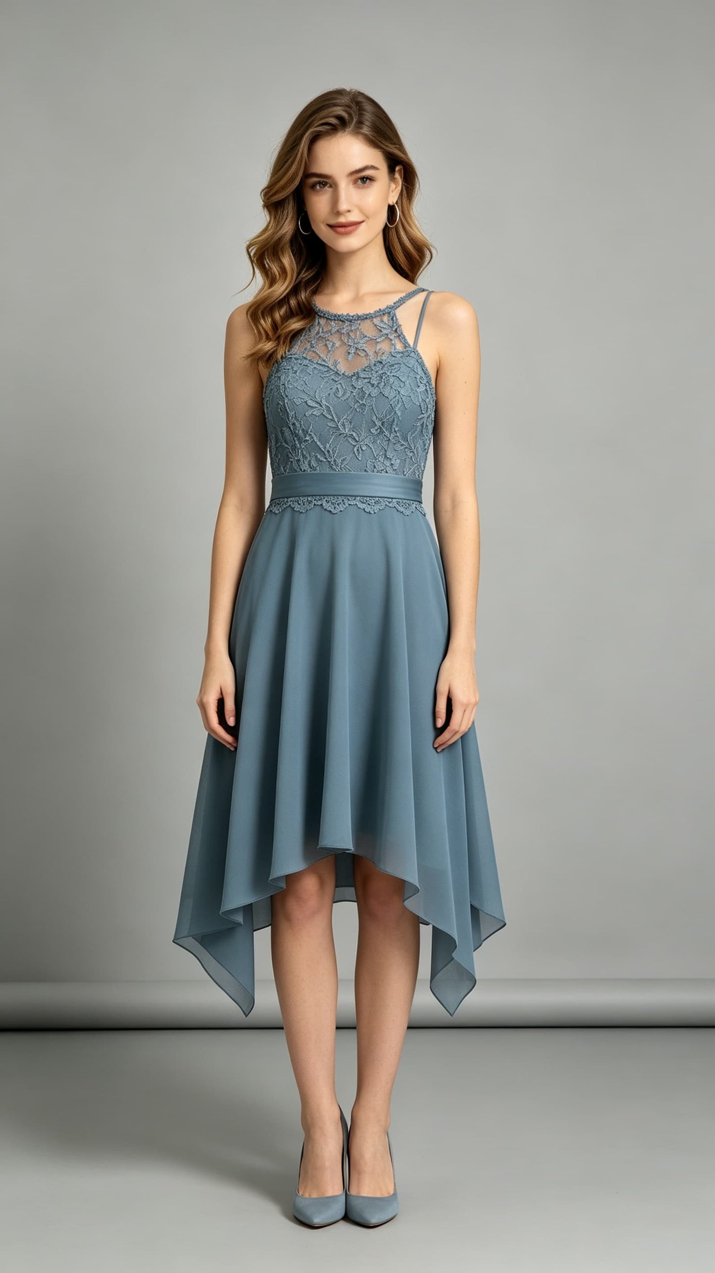 Feminine A-line Dusty Blue Bridesmaid Gowns Halter Lace Chiffon Maxi Dress LFNL0699