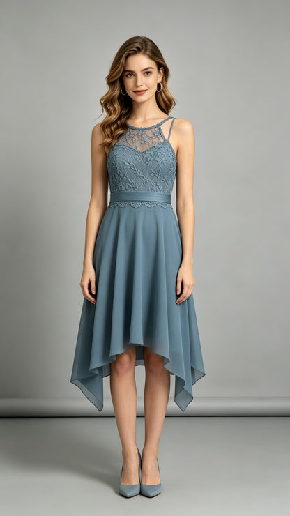 Feminine A-line Dusty Blue Bridesmaid Gowns Halter Lace Chiffon Maxi Dress LFNL0699