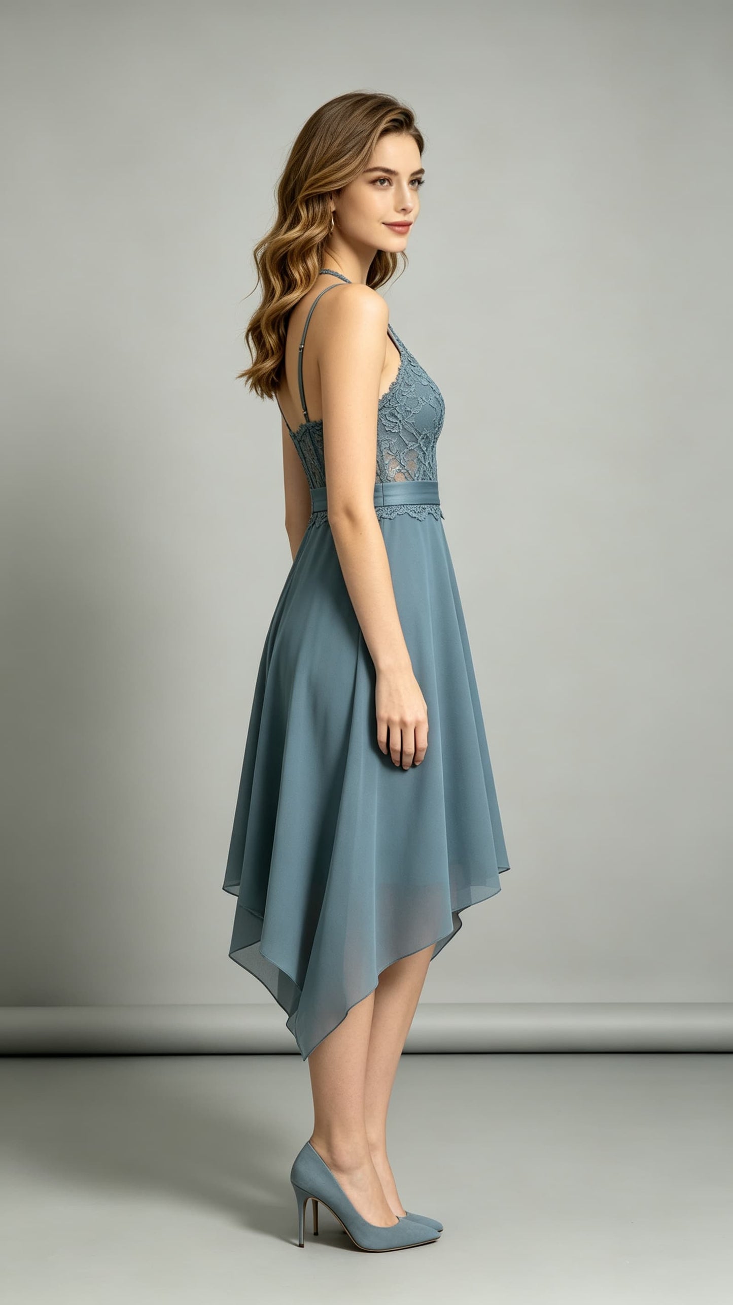Feminine A-line Dusty Blue Bridesmaid Gowns Halter Lace Chiffon Maxi Dress LFNL0699