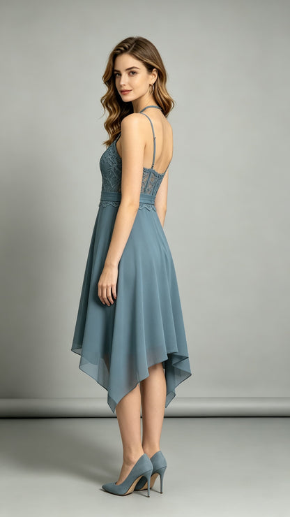 Feminine A-line Dusty Blue Bridesmaid Gowns Halter Lace Chiffon Maxi Dress LFNL0699