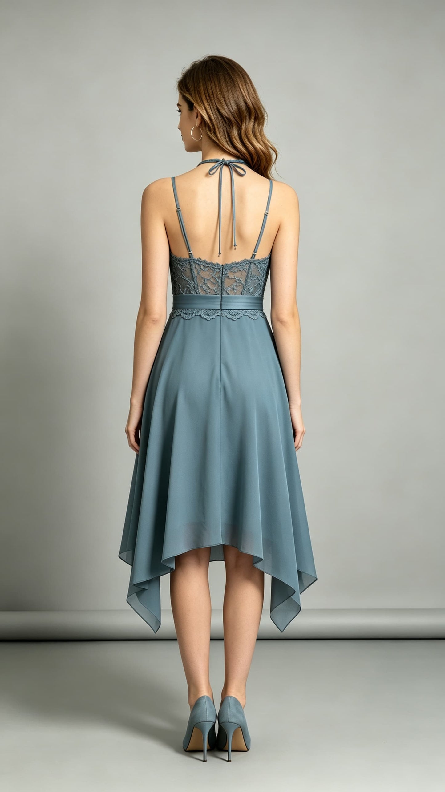Feminine A-line Dusty Blue Bridesmaid Gowns Halter Lace Chiffon Maxi Dress LFNL0699