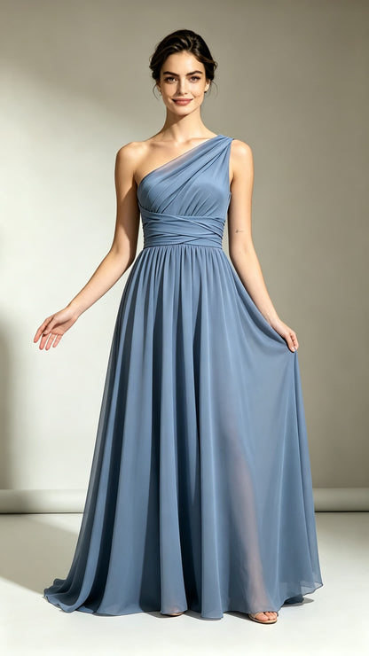 Dusty blue one‑shoulder chiffon maxi evening gown, draped asymmetrical neckline, three‑layer non‑sheer custom bridesmaid dress