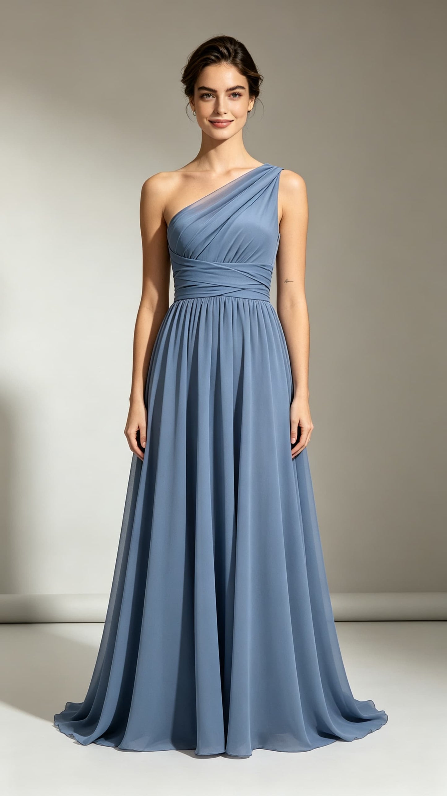 Dreamy A-line Blue Evening Gowns One Shoulder Chiffon Maxi Dress LFNL0784