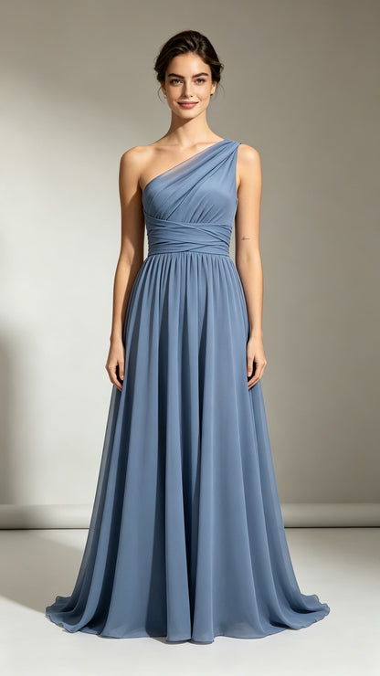 Dreamy A-line Blue Evening Gowns One Shoulder Chiffon Maxi Dress LFNL0784