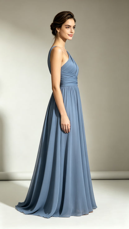 Dreamy A-line Blue Evening Gowns One Shoulder Chiffon Maxi Dress LFNL0784