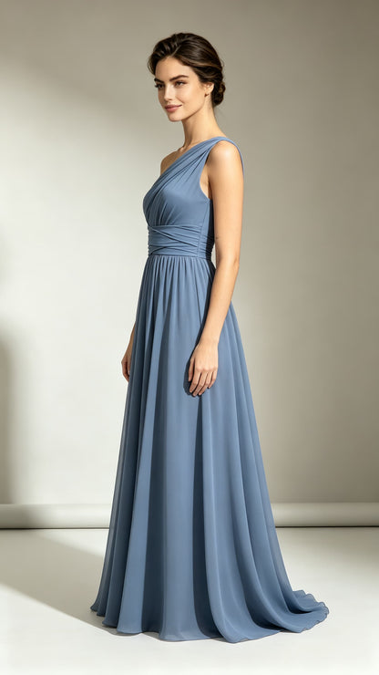 Dreamy A-line Blue Evening Gowns One Shoulder Chiffon Maxi Dress LFNL0784