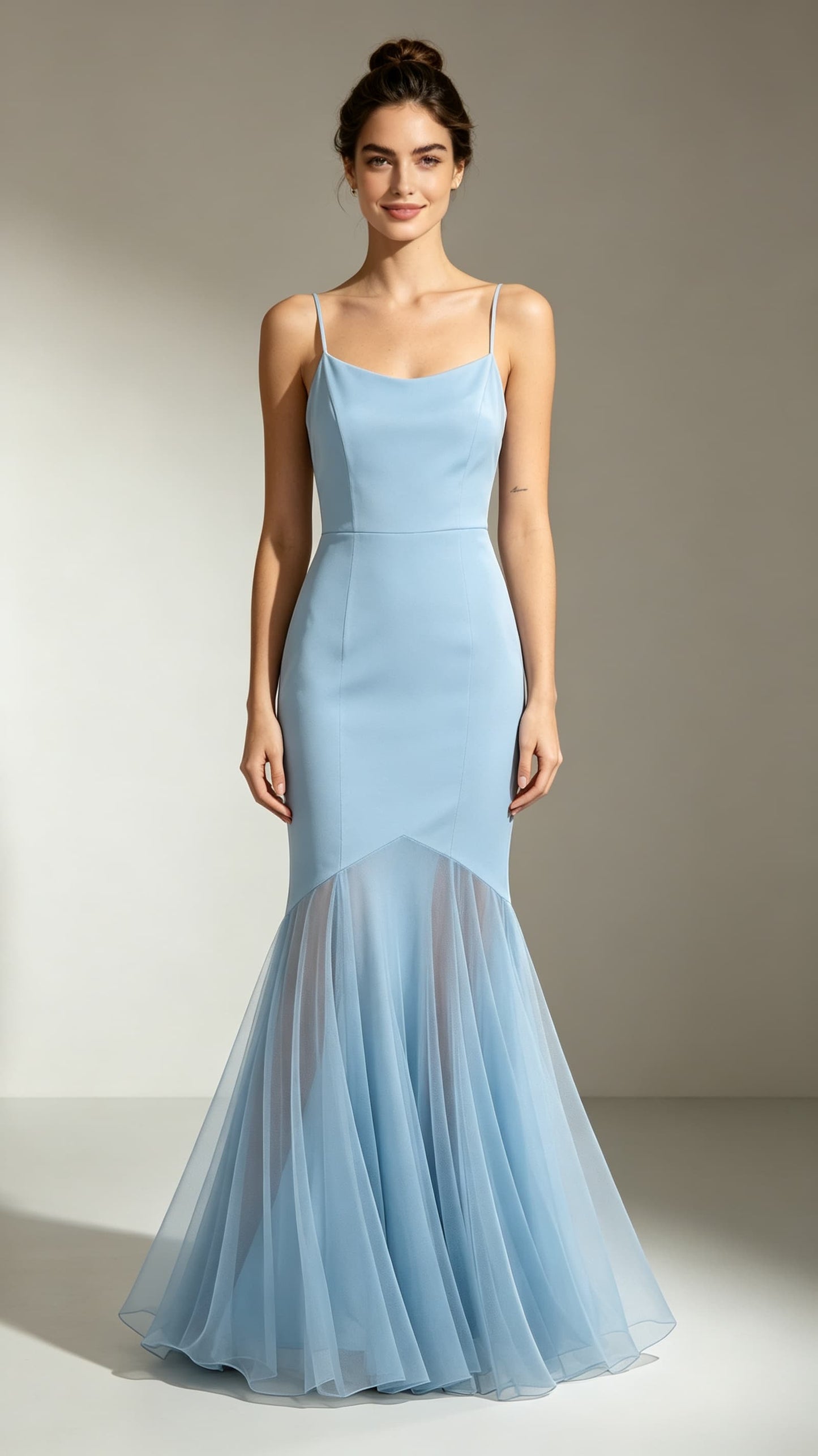 Flattering Mermaid Blue Evening Gowns Straps Polyester Tulle Maxi Dress LFNL0787