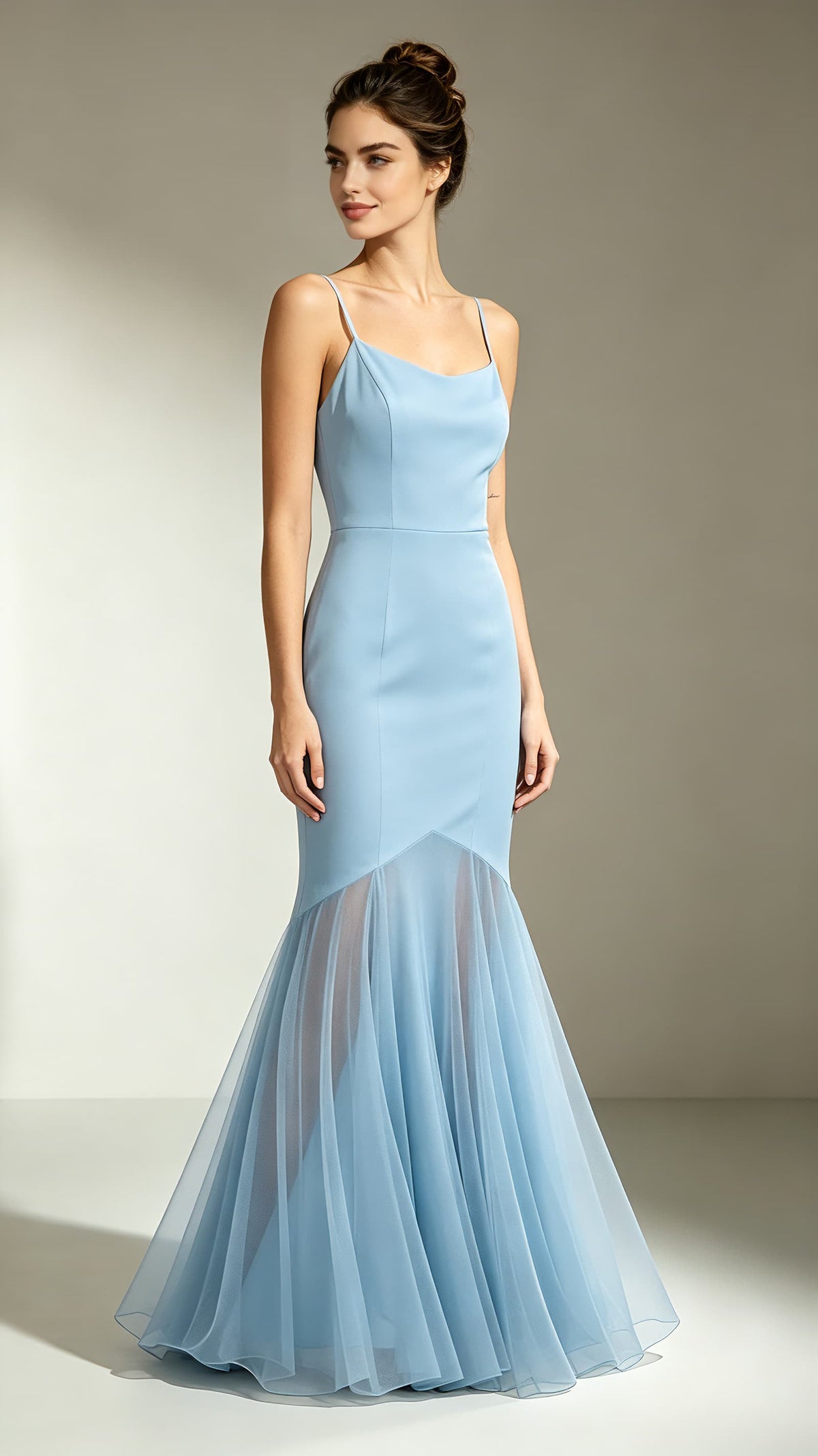 Flattering Mermaid Blue Evening Gowns Straps Polyester Tulle Maxi Dress LFNL0787