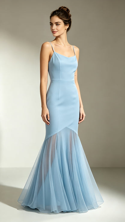 Flattering Mermaid Blue Evening Gowns Straps Polyester Tulle Maxi Dress LFNL0787