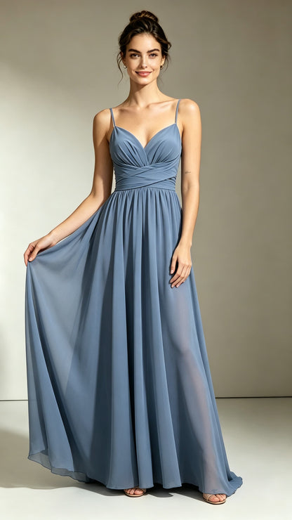 Timeless A-line Blue Evening Gowns Straps Chiffon Maxi Dress LFNL0783