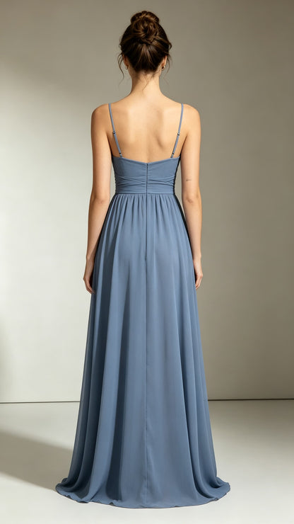 Timeless A-line Blue Evening Gowns Straps Chiffon Maxi Dress LFNL0783